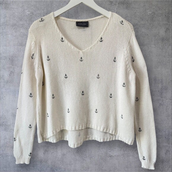 Wooden Ships Sweater Oversized X/S White Pullover Anchor Print Nautical Coastal - Picture 1 of 13